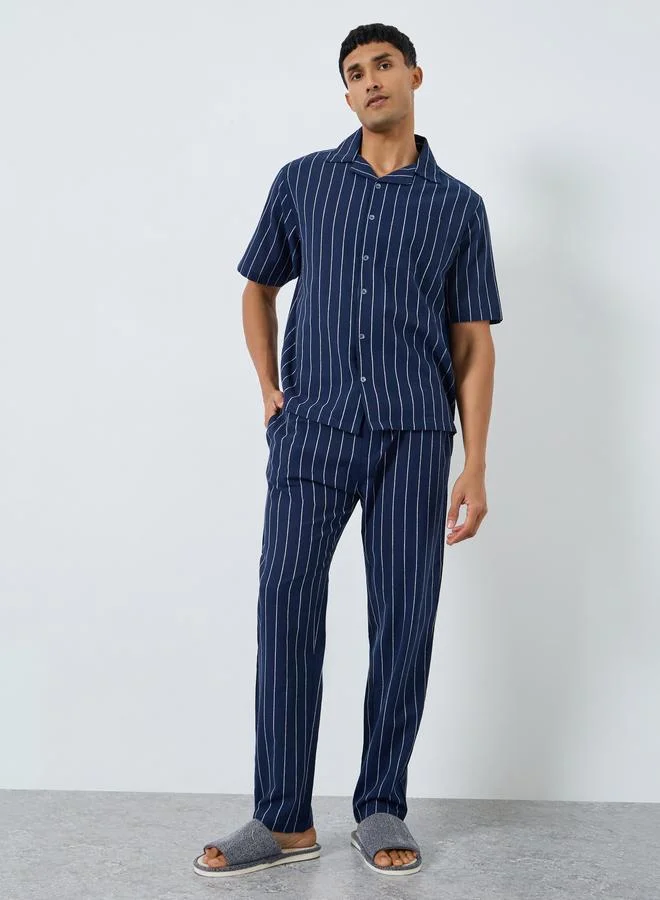 Men Striped Buttoned Shirt and Pyjama Set